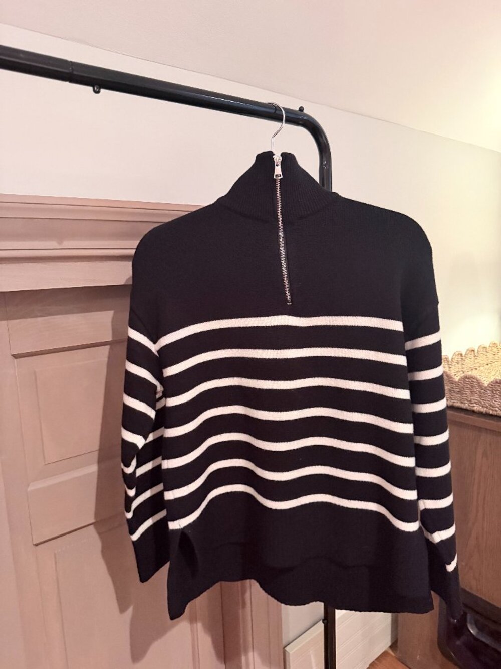 Zara Black White Striped Half Zip Sweater Size S